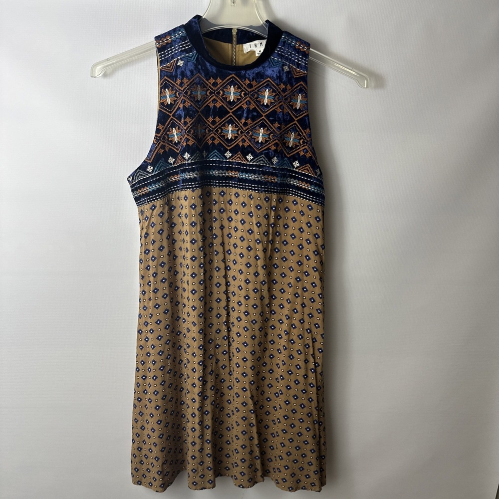 THML Dress Embroidered Colorful High Neck Velour Sleeveless Dress, Medium